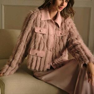TWEED BUTTON UP FAUX FUR COAT